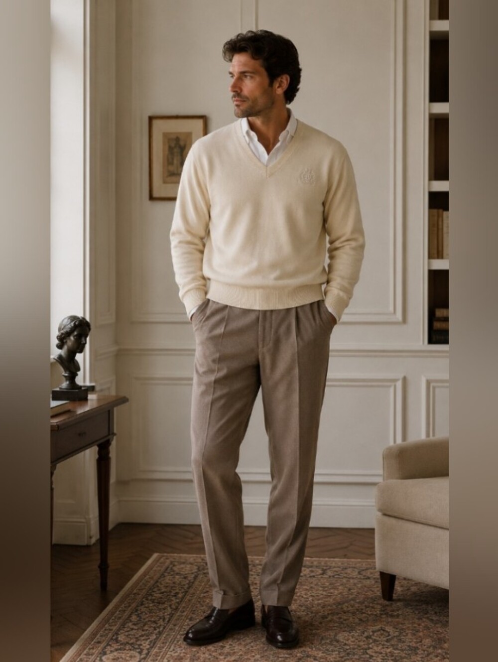 Christian Dior Monsieur Classic Logo Cream Cotton V-Neck Sweater Pullover - Picture 7 of 8
